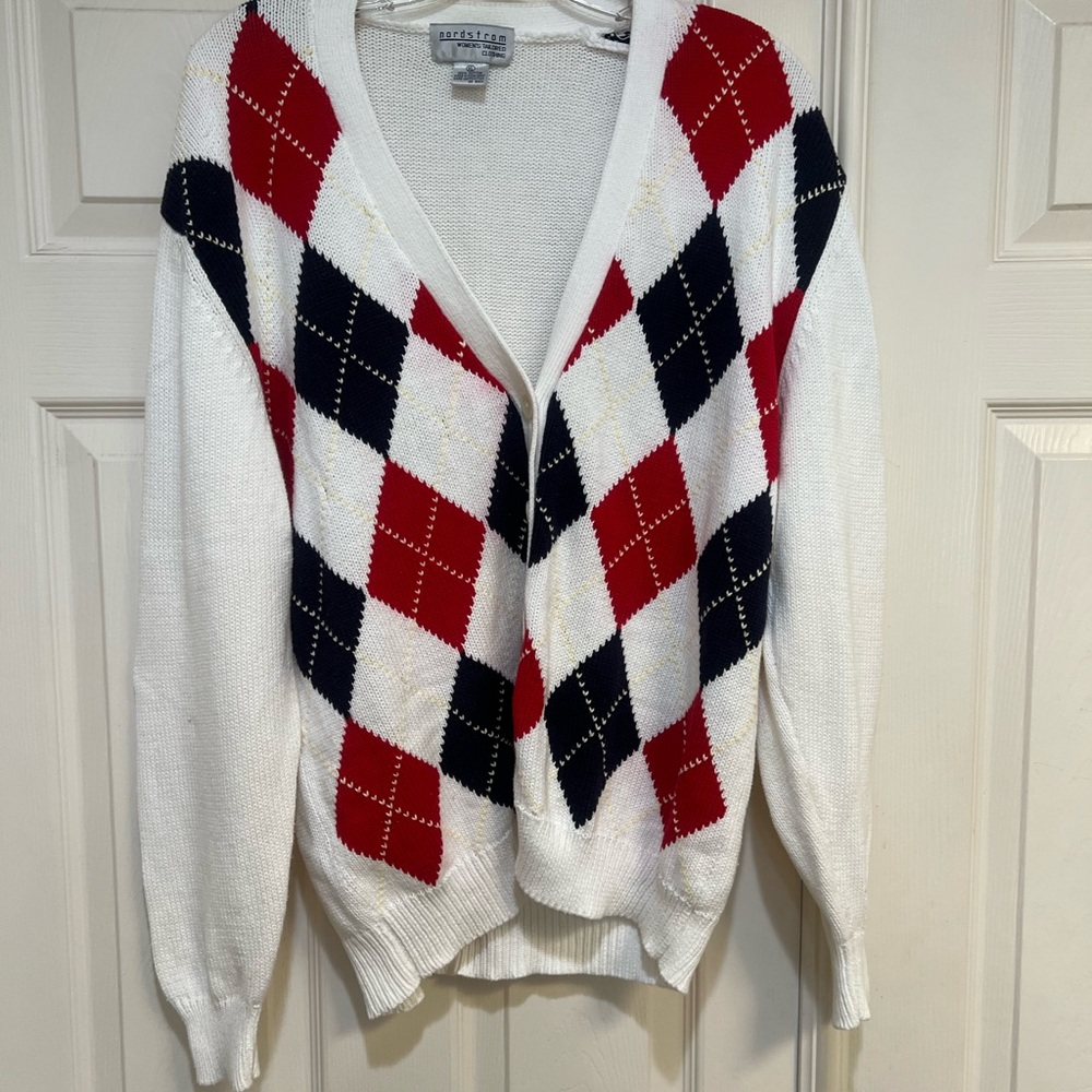 Nordstrom Women’s Cotton White red argyle sweater Cardigan Jumper preppy size XL